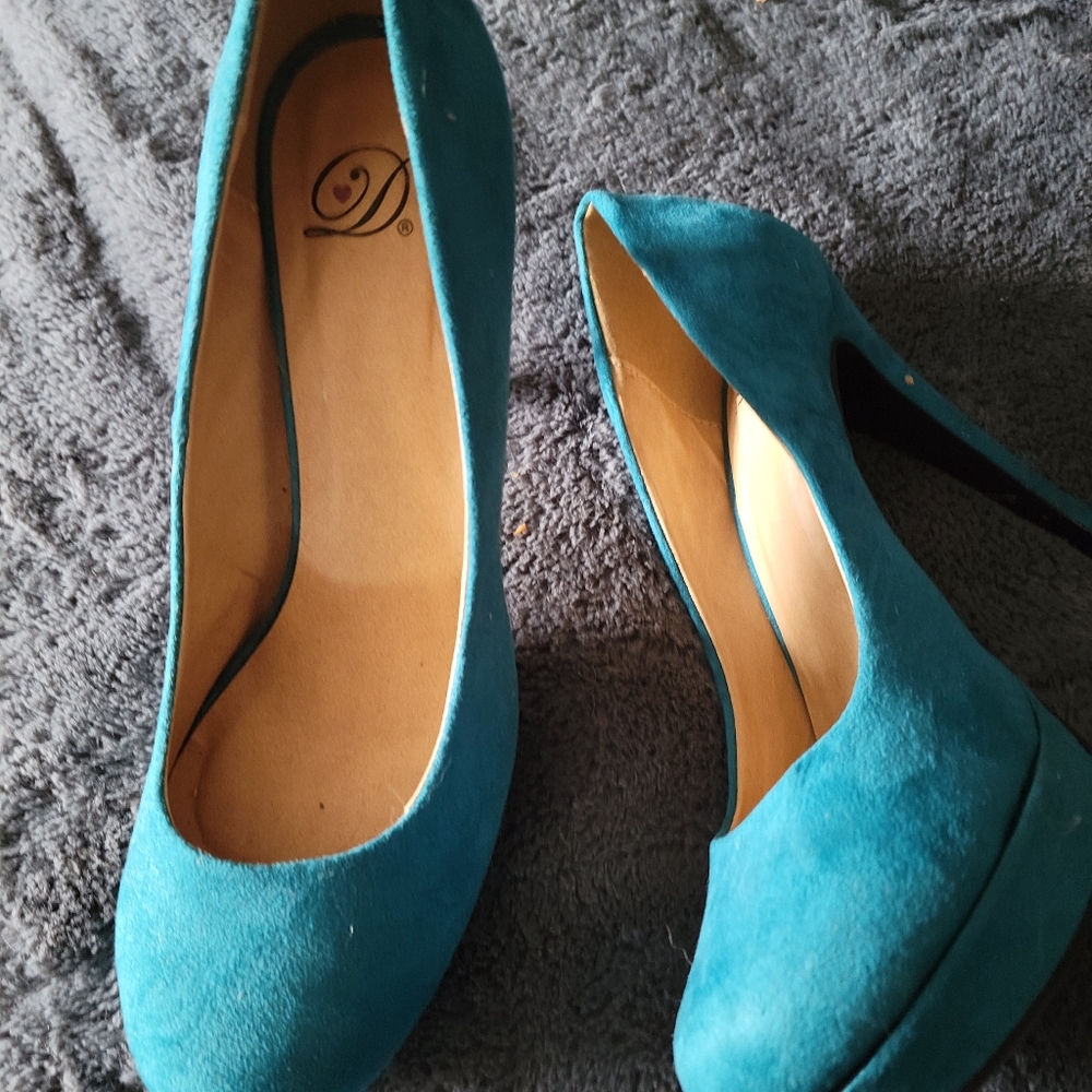 Teal suede platform heels